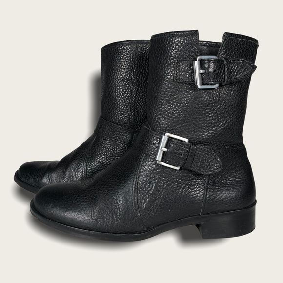 J. Crew Women's Black Pebble Leather Moto Boots Silver Buckles Low Heel 5.5 - Picture 4 of 10